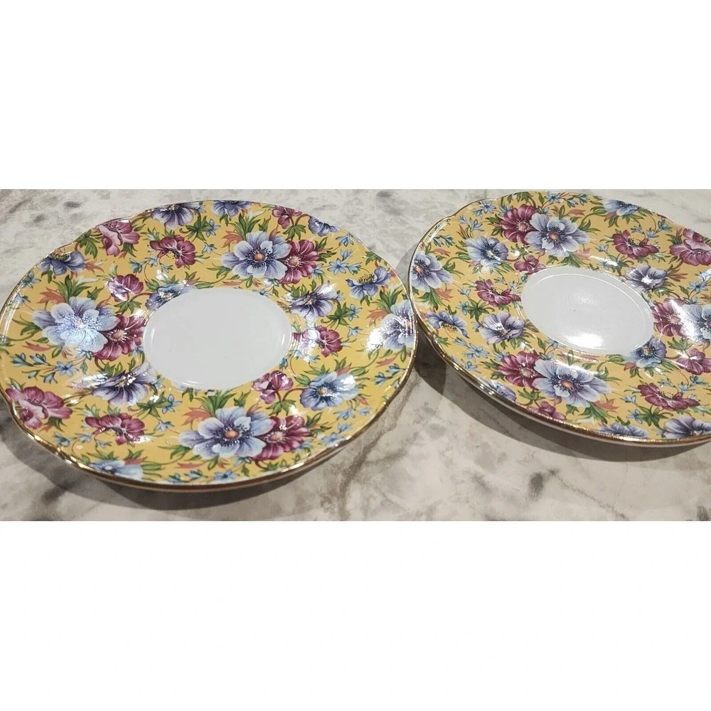 Crown Queen Saucer Set Of 2 Fine Bone China Made In England‎ Yellow Floral
